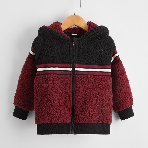 

Toddler Boys Striped Hooded Teddy Jacket, Maroon