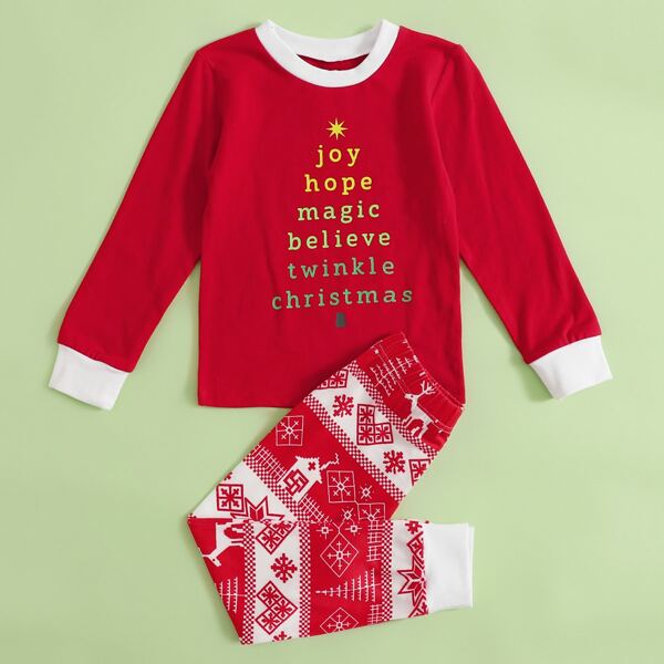 

Toddler Girls Christmas Print Contrast Binding PJ Set, Red