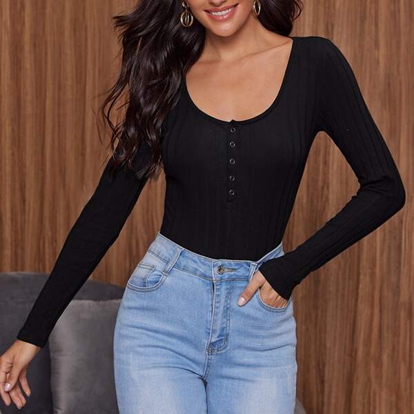 

Scoop Neck Button Front Rib-knit Slim Tee, Black