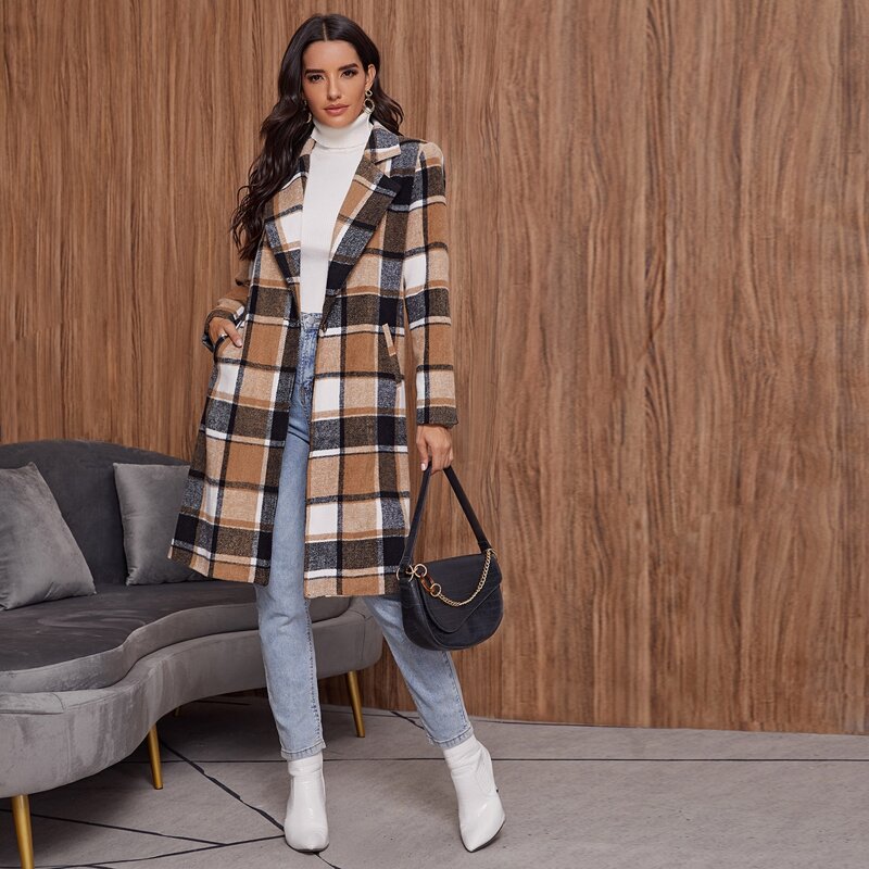 

Single Button Plaid Coat, Multicolor