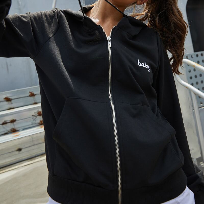 

Letter Embroidery Hooded Jacket, Black