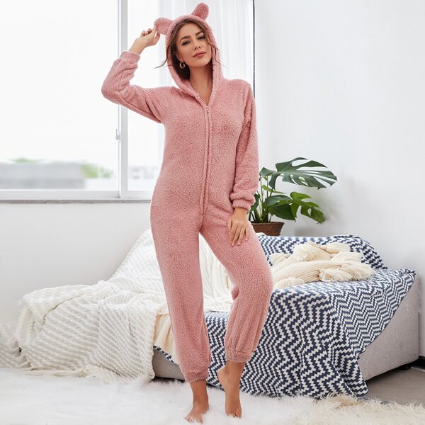 

Teddy 3D Ear Design Zip Up Lounge Jumpsuit, Baby pink