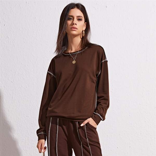 

Drop Shoulder Stitch Trim Pullover, Chocolate brown