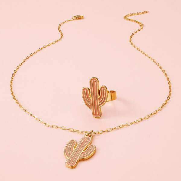 

1pc Girls Cactus Pendant Necklace & 1pc Ring, Pink