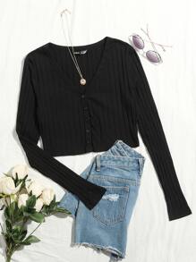 Muchica Áo thun Gân đan màu trơn Giải trí - màu đen - Xem 1