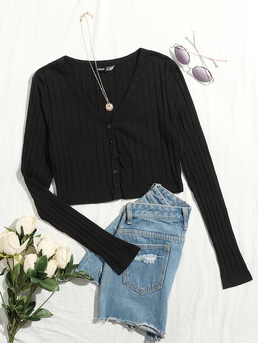 Muchica Áo thun Gân đan màu trơn Giải trí - màu đen - Xem 1