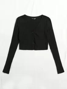 Muchica Áo thun Gân đan màu trơn Giải trí - màu đen - Xem 3