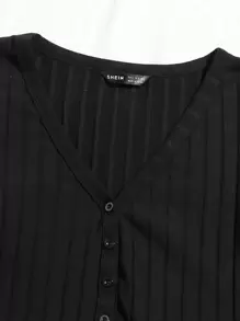 Muchica Áo thun Gân đan màu trơn Giải trí - màu đen - Xem 4