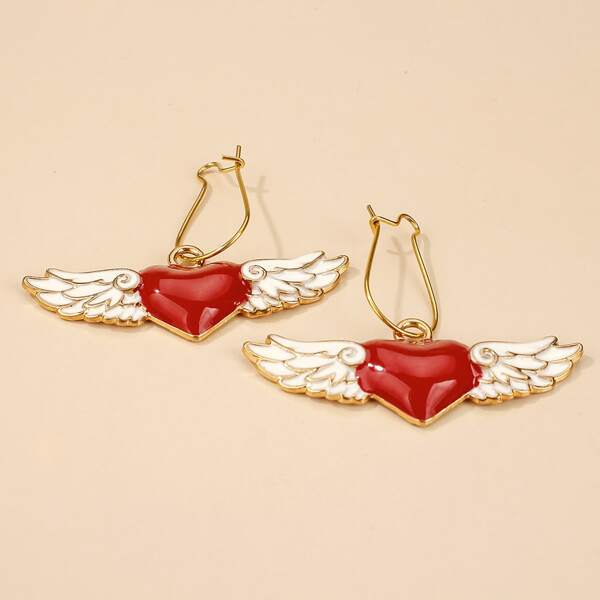 

Girls Wing Decor Heart Drop Earrings, Red