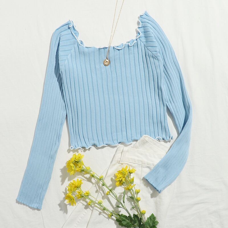 

Rib-knit Lettuce Trim Sweater, Baby blue