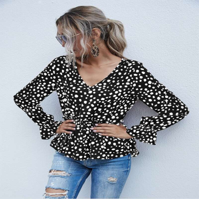 

V-neck Dalmatian Print Chiffon Babydoll Blouse, Black
