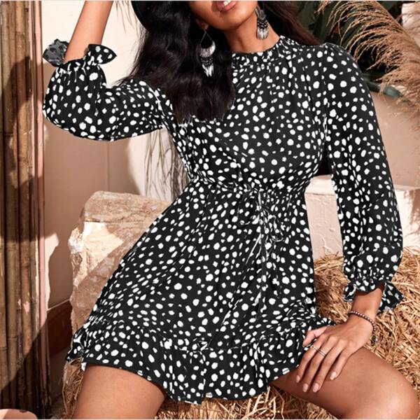 

Frill Neck Dalmatian Print A-line Dress, Black