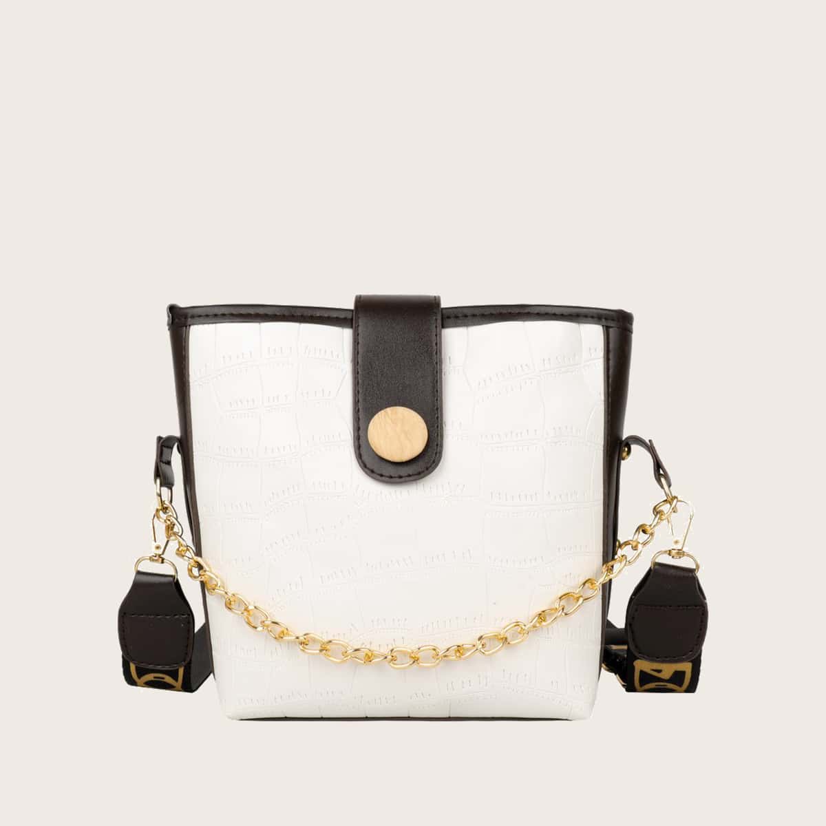 

Croc Embossed Chain Decor Crossbody Bag, White