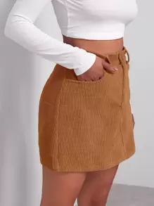 SHEIN EZwear 素色燈芯絨半身裙 - 棕色 - 查看 3