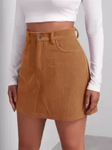 SHEIN EZwear 素色燈芯絨半身裙 - 棕色 - 查看 5