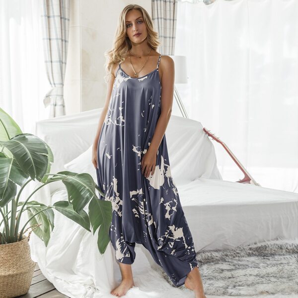 

Draped Graphic Print Cami Jumpsuit, Grey