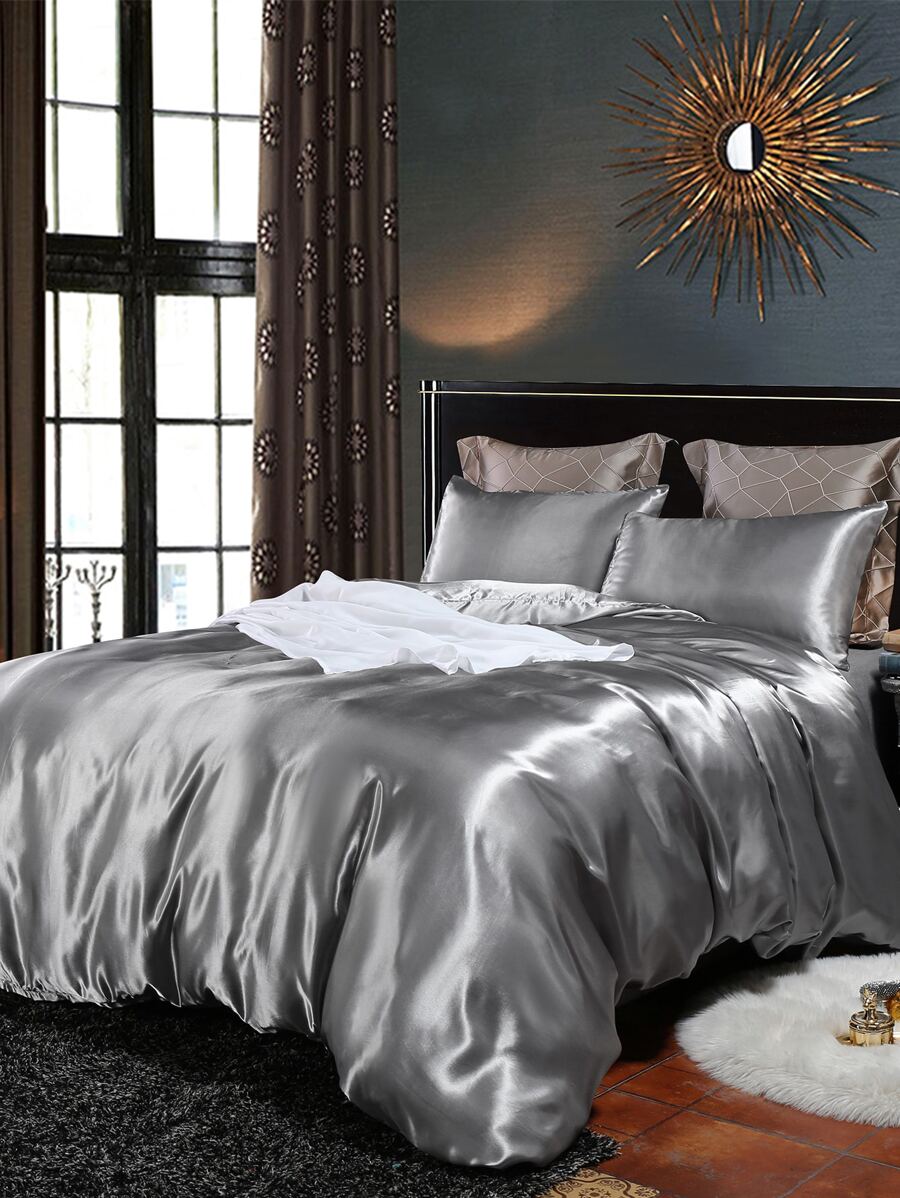 Solid Satin Bedding Set Without Filler - Grey - View 1