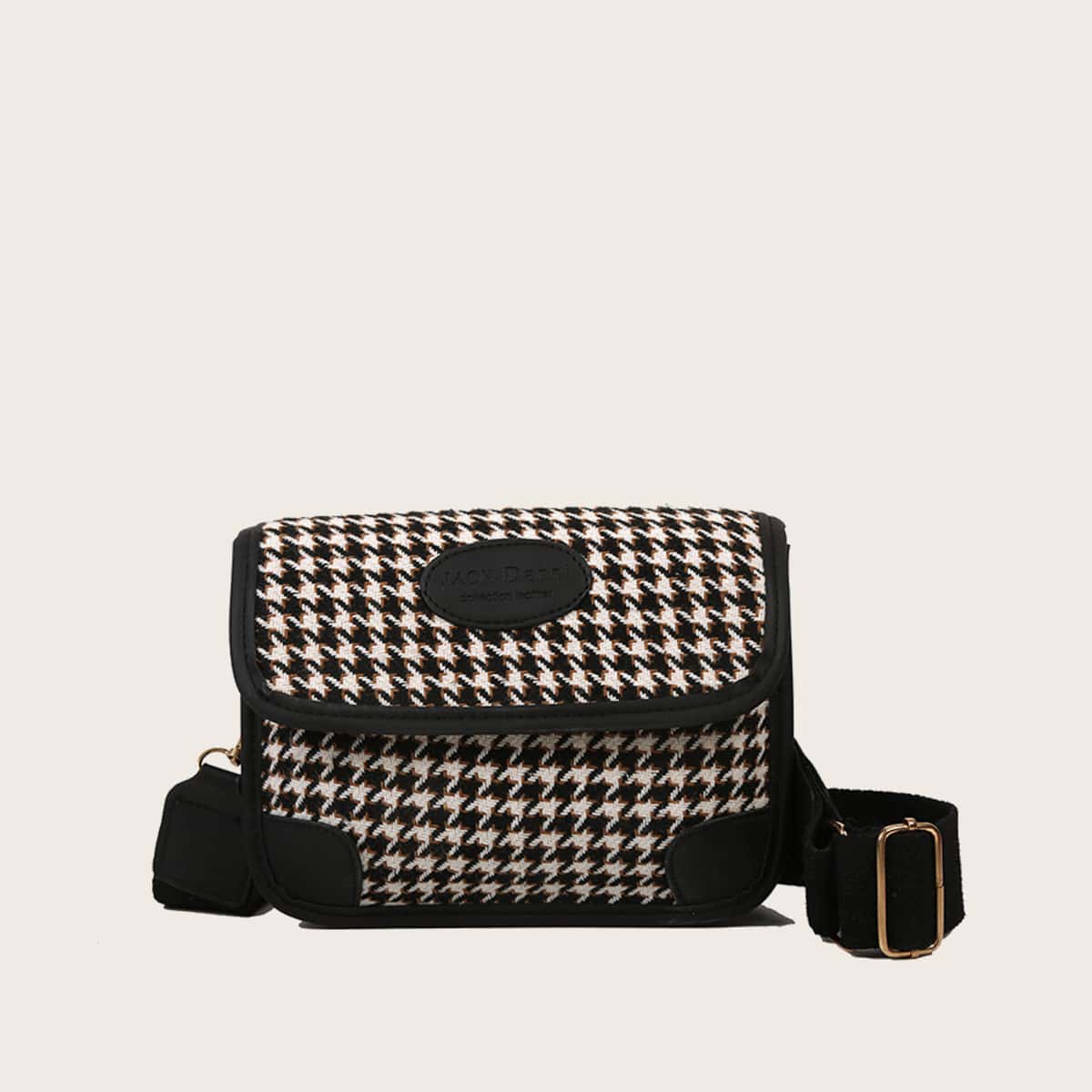 

Houndstooth Flap Crossbody Bag, Black