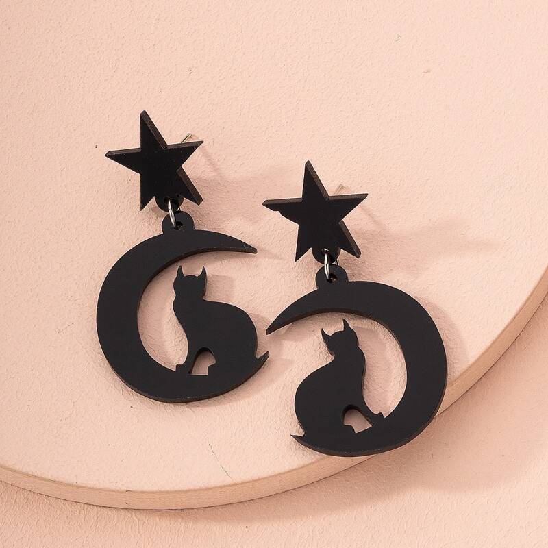 

Cat & Moon Charm Drop Earrings, Black