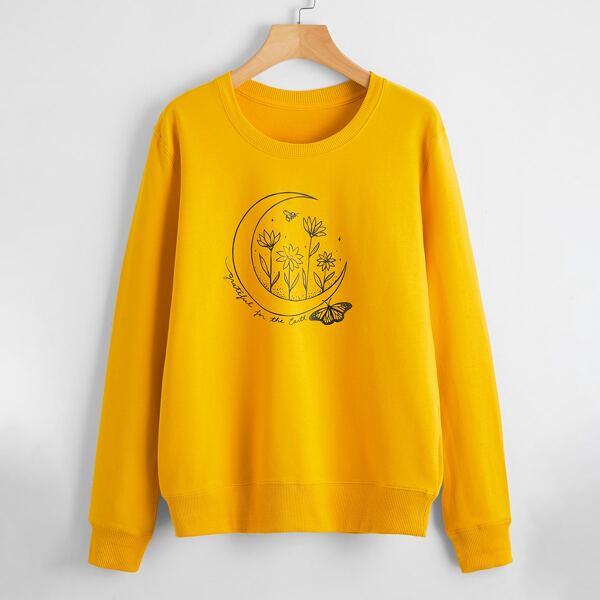 

Floral & Butterfly Print Sweatshirt, Mustard yellow