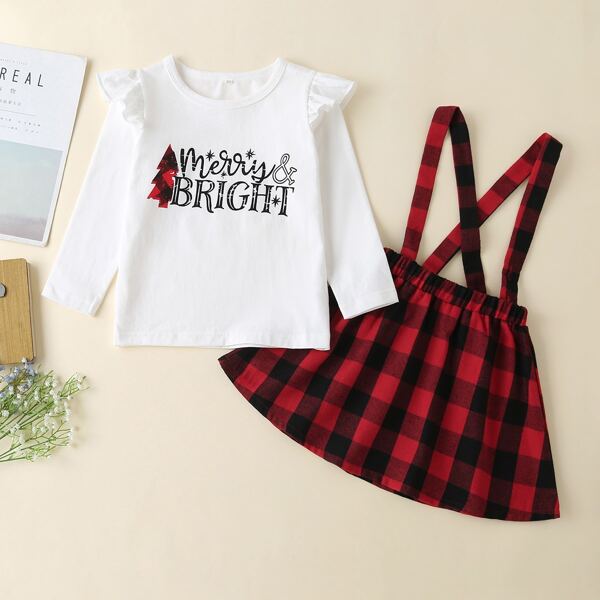 

Toddler Girls Slogan Graphic Ruffle Tee & Buffalo Plaid Pinafore Skirt, Red and white