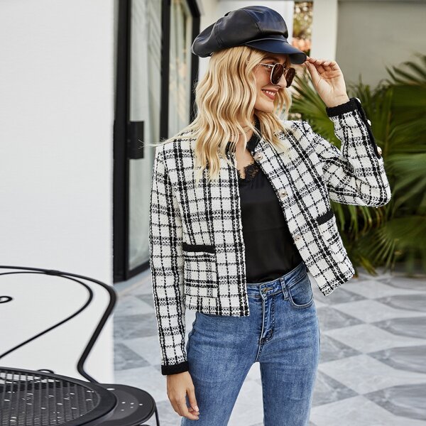 

Tweed Plaid Dual Pocket Jacket, Black and white