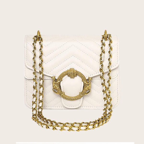 

Chevron Chain Shoulder Bag, Beige