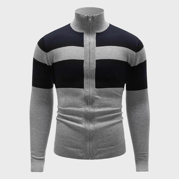 

Men Color-block Funnel Neck Zip-up Cardigan, Multicolor