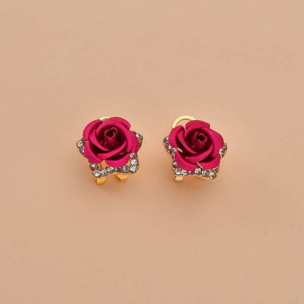 

Flower & Rhinestone Decor Stud Earrings, Hot pink