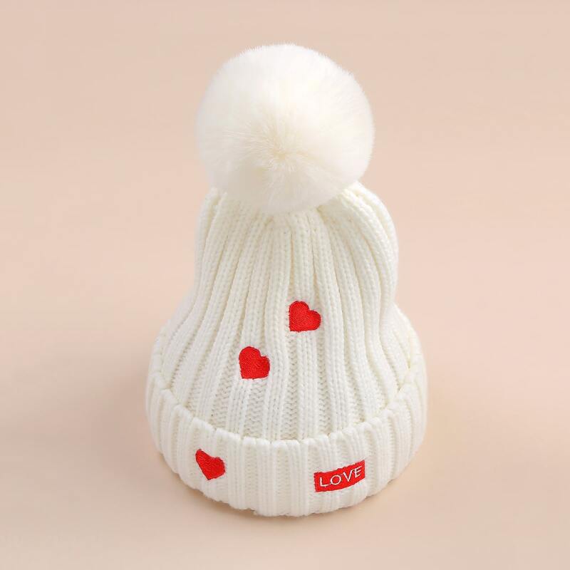

Pom Pom Decor Heart Knitted Beanie, White