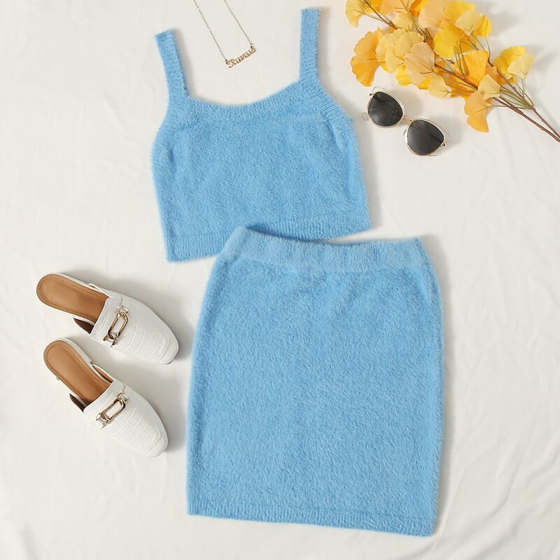 

Solid Knit Top & Sweater Skirt, Blue