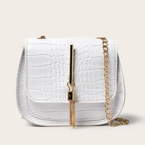 

Girls Tassel Decor Crocodile Crossbody Bag, White