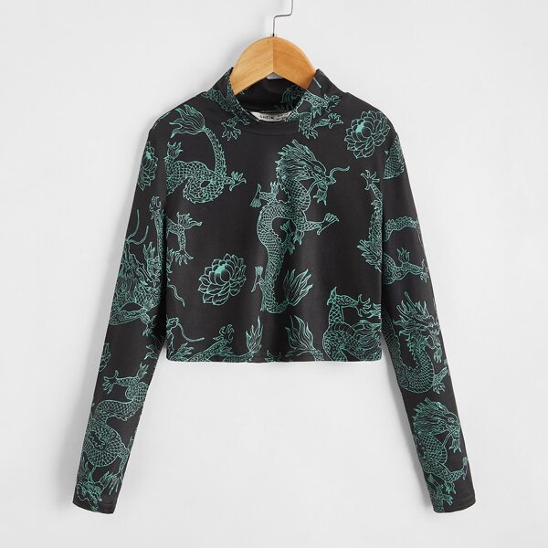 

Girls Mock-neck Chinese Dragon Print Tee, Multicolor