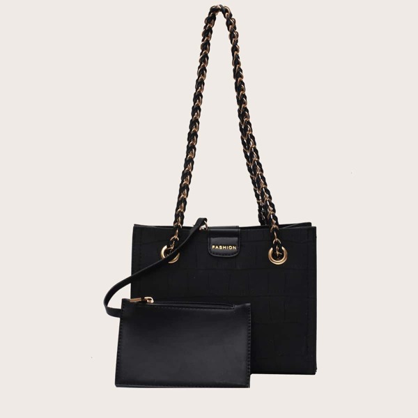 

Crocodile Chain Shoulder Bag With Purse, Black