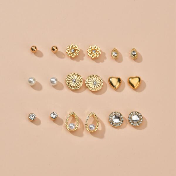 

9pairs Rhinestone Decor Stud Earrings, Multicolor