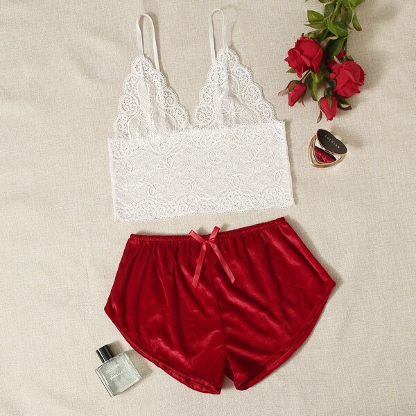 

Floral Lace Bralette With Velvet Shorts, Red and white