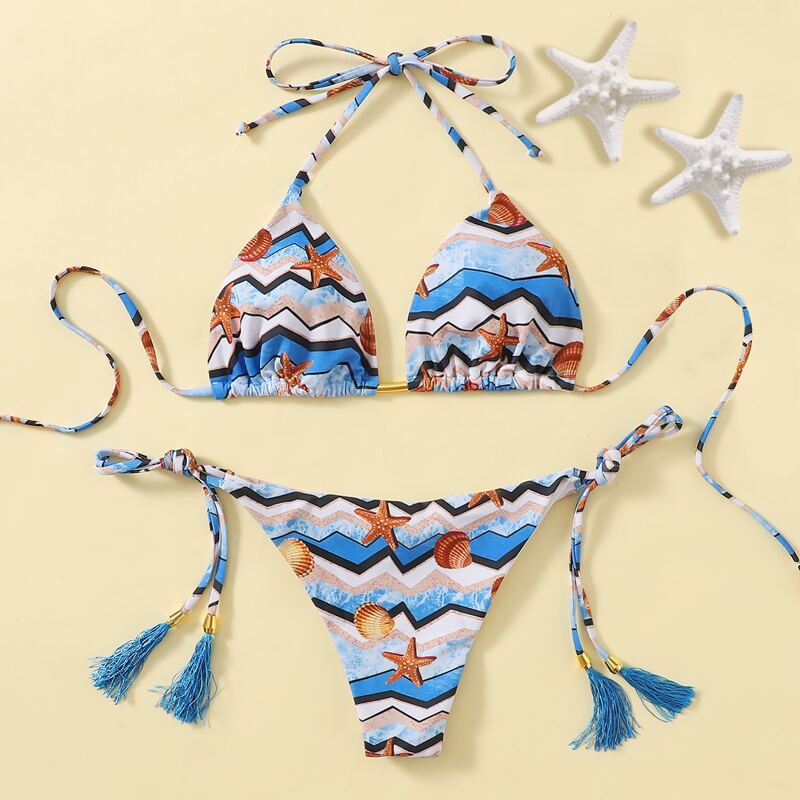 

Shellfish Print Tassel Decor Bikini Swimsuit, Multicolor