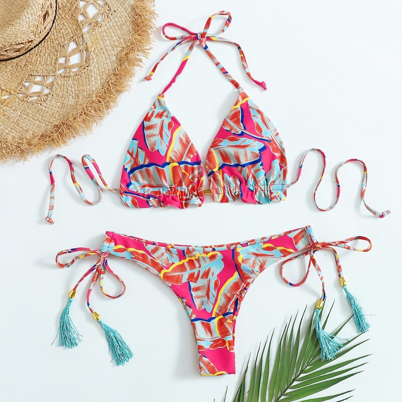 

Tropical Leaf Tassel Decor Bikini Swimsuit, Multicolor