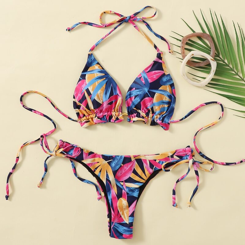 

Leaf Print Tie Side Bikini Swimsuit, Multicolor