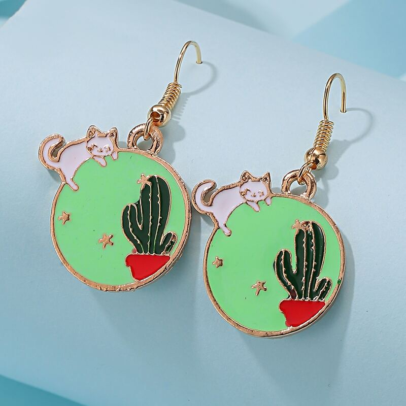 

Cactus Pattern Round Drop Earrings, Multicolor