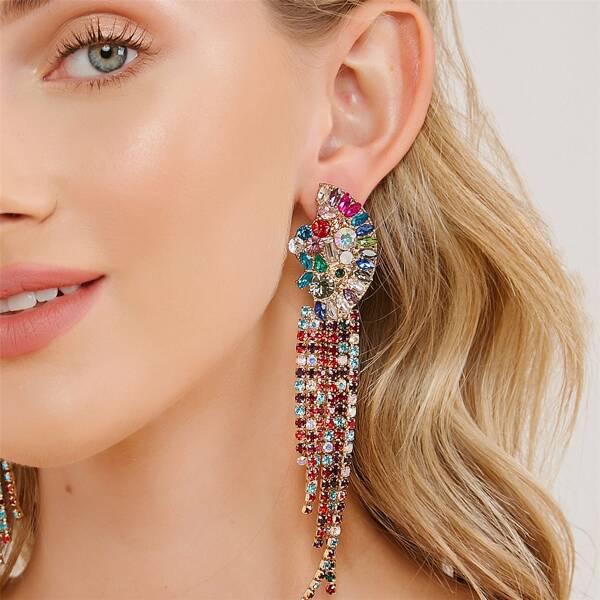 

Rhinestone Tassel Decor Drop Earrings, Multicolor