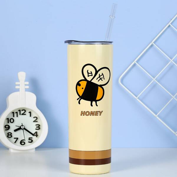 

1pc Cartoon Bee Print Vacuum Cup, Yellow
