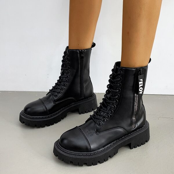 

Letter Embossed Lace-up Front Combat Boots, Black