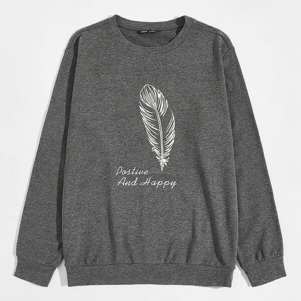 

Men Letter & Feather Print Pullover, Dark grey