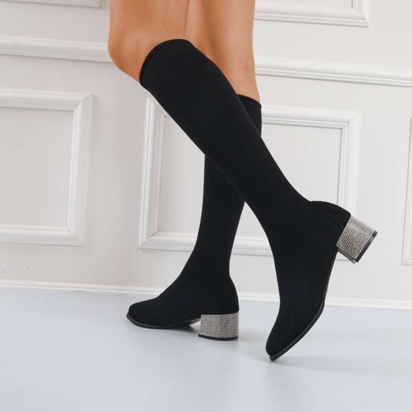 

Rhinestone Decor Chunky Heeled Sock Boots, Black