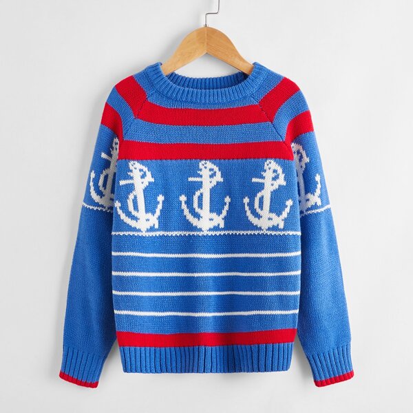 

Boys Anchor Pattern Striped Sweater, Blue