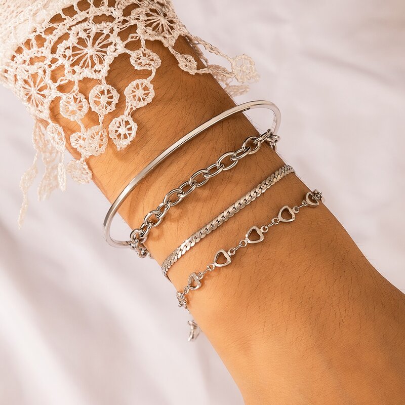 

4pcs Geometric Decor Metal Bracelet, Silver