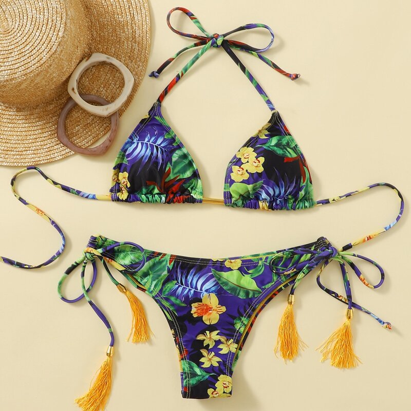 

Floral & Leaf Print Tassel Decor Bikini Swimsuit, Multicolor