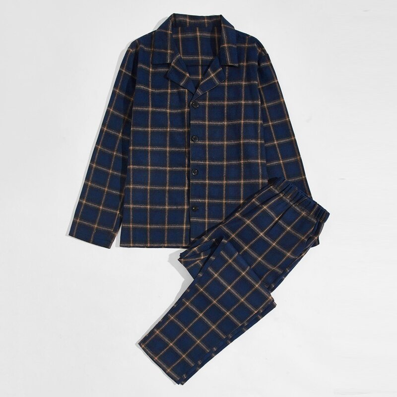 

Guys Lapel Collar Plaid Button Front PJ Set, Navy blue