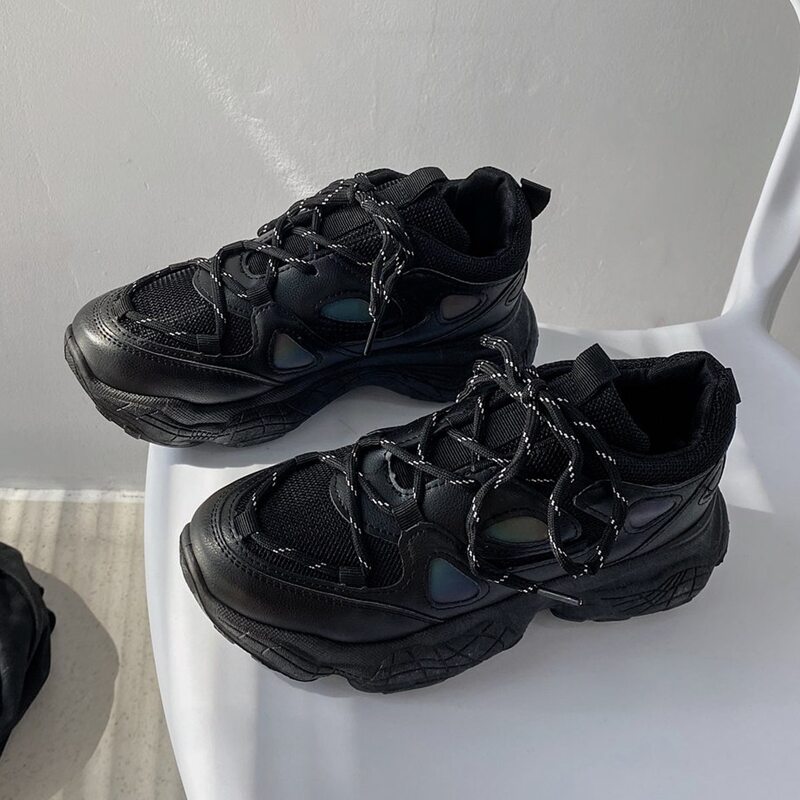 

Holographic Detail Lace-up Front Chunky Sneakers, Black